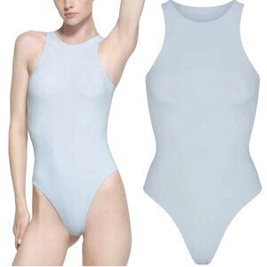 Skims Fits Everybody High Neck Thong Bodysuit Women Medium Opal Blue Stretch NWT